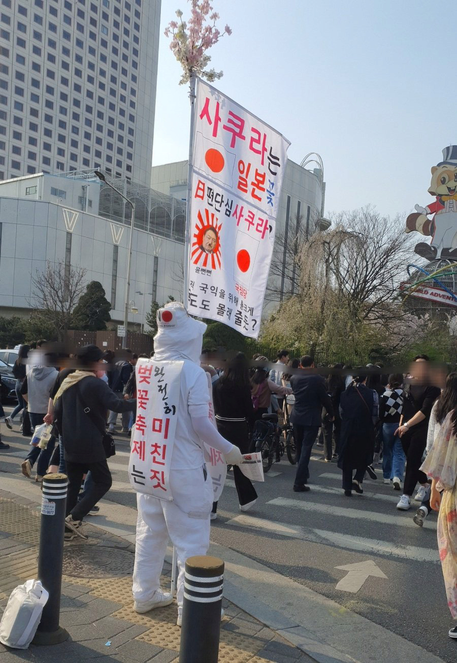 “日편단심, 사쿠라는 일본 꽃”…석촌호수 ‘尹저격’ 팻말, 왜?