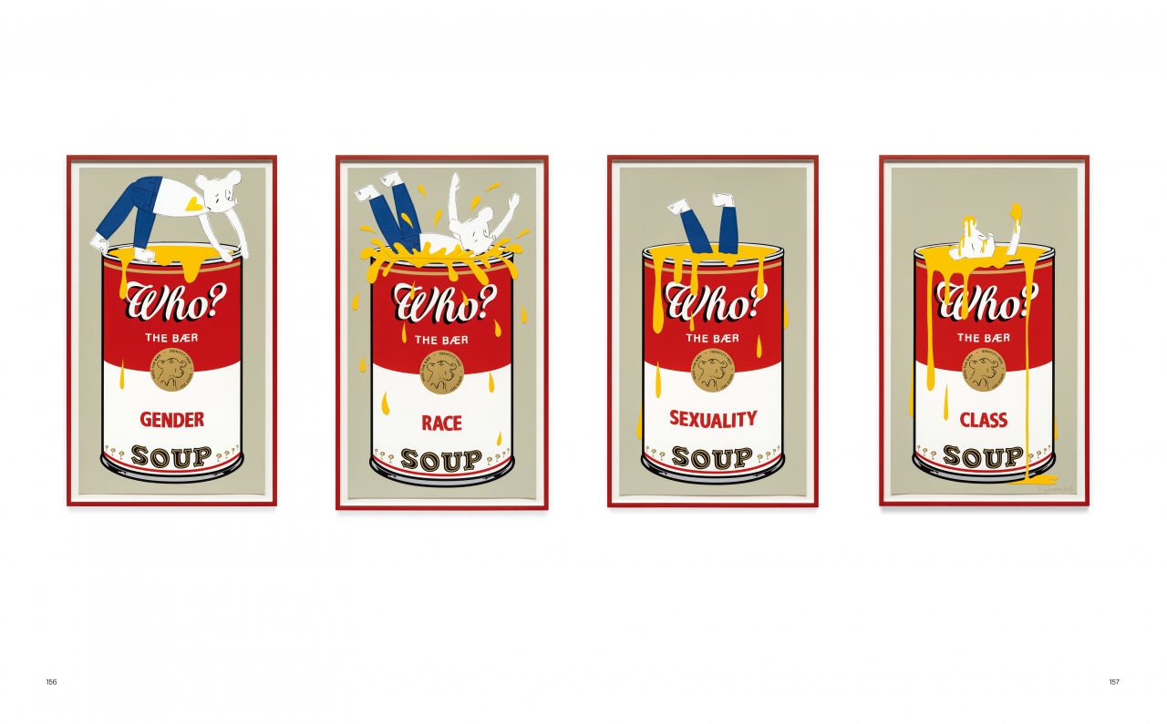 사이먼 후지와라, Who's Identity Soup? (Four Options), 2022, 실크스크린에 목탄, 종이 콜라주, 93x53cm each(4 parts) [갤러리현대 제공]