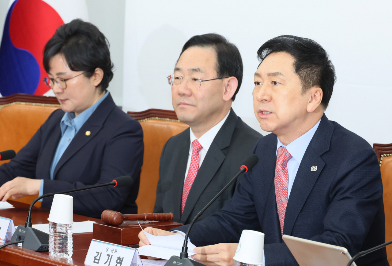 김기현 국민의힘 대표가 6일 오전 국회에서 열린 최고위원회의에서 발언하고 있다. [연합]