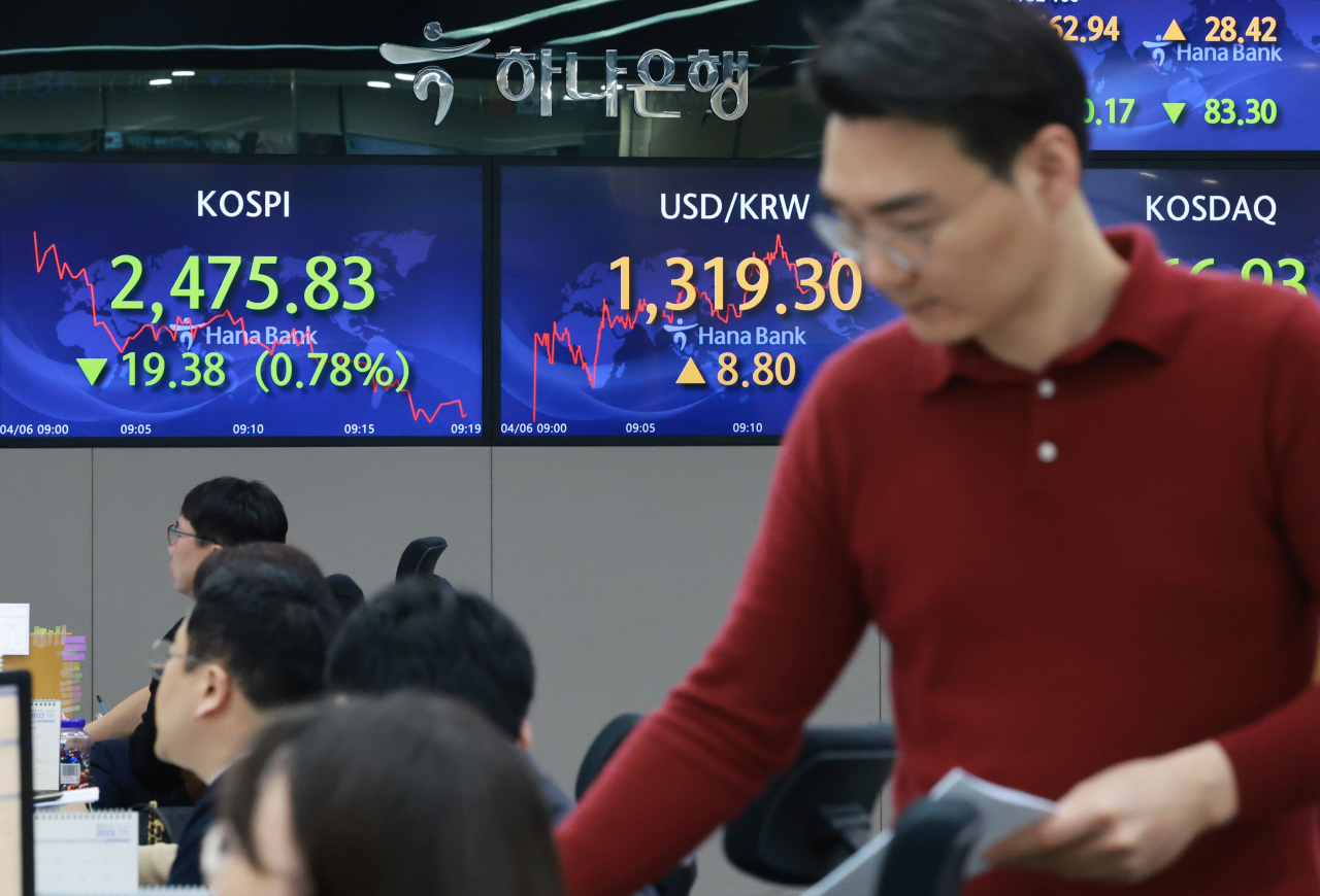 6일 오전 서울 중구 을지로 하나은행 본점 딜링룸 현황판에 코스피, 원/달러 환율이 표시돼 있다. 이날 코스피는 전장보다 7.21포인트 내린 2488.00으로 개장했다. 서울 외환시장에서 원/달러 환율은 6.0원 오른 달러당 1316.5원으로 출발했다. 연합뉴스
