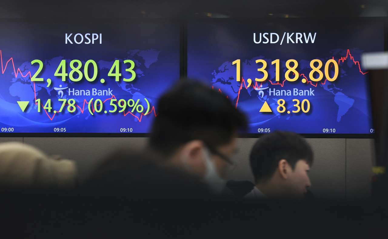 An electronic board showing the Korea Composite Stock Price Index at a dealing room of the Hana Bank headquarters in Seoul on Thursday. (Yonhap)