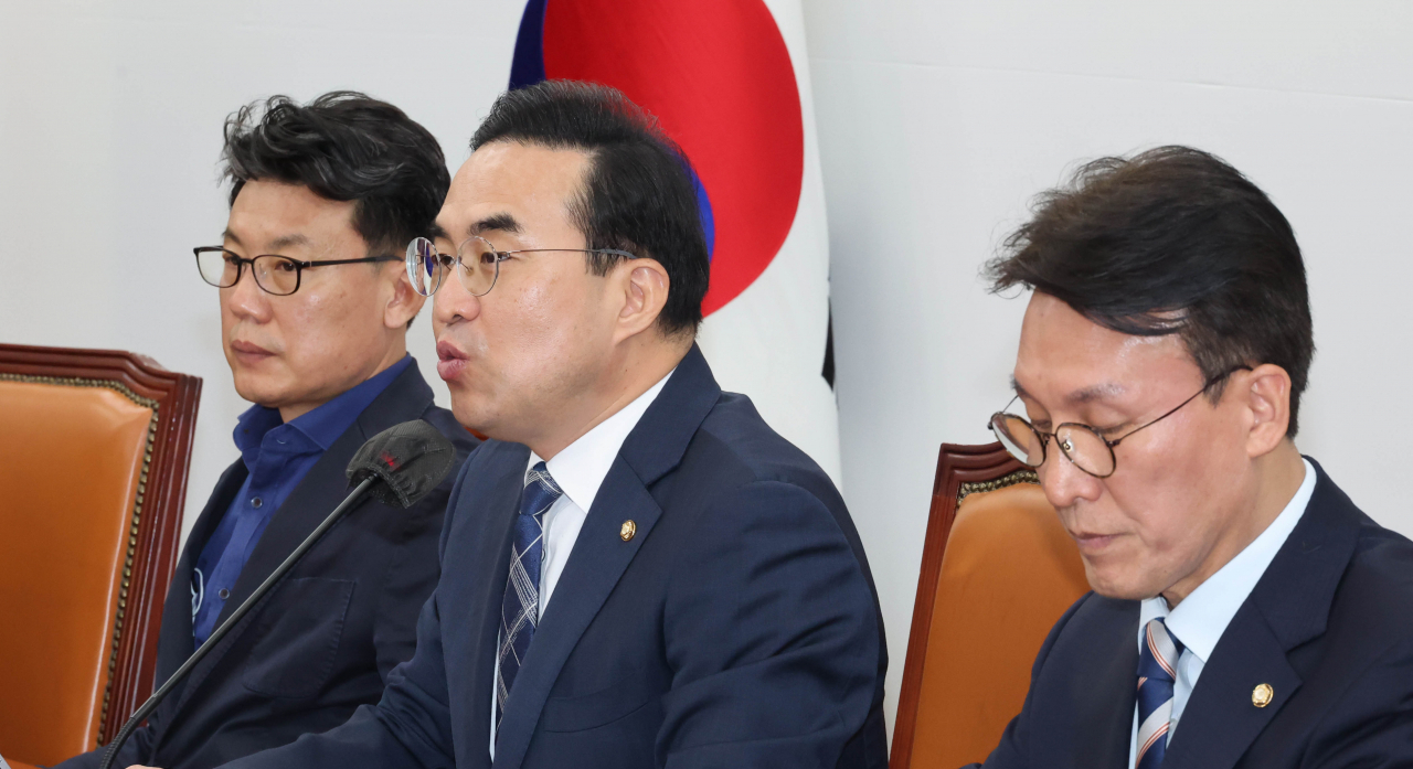 박홍근 더불어민주당 원내대표가 6일 국회에서 열린 정책조정회의에서 발언하고 있다. [연합]