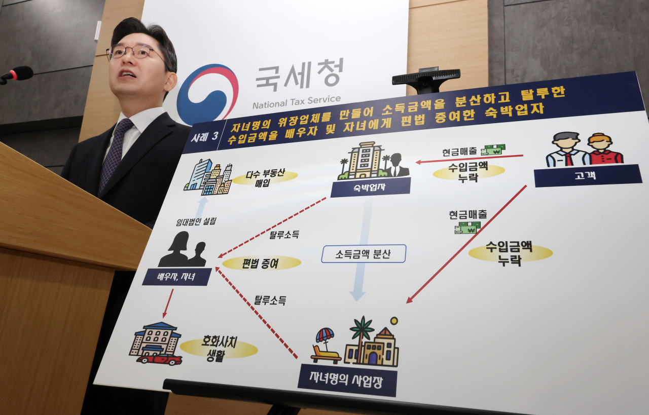 오호선 국세청 조사국장이 6일 오전 정부세종청사에서 불법 대부업자, 고액 학원 사업자, 고가 음식·숙박·유흥·레저사업자, 발전설비사업자 등 민생탈세자 세무조사 착수와 관련해 브리핑하고 있다. [연합]