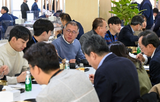 정의선 현대차그룹 회장이 올초 경기도 화성 남양연구소에서 열린 신년회 이후 사내식당에서 직원들과 떡국을 먹는 모습 [현대차그룹 제공]