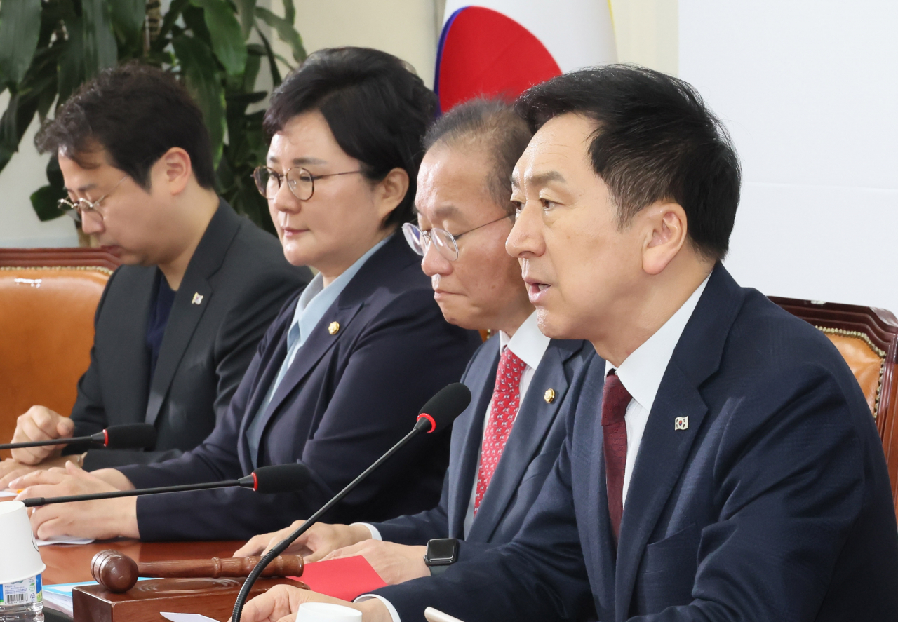 김기현 국민의힘 대표가 10일 오전 국회에서 열린 최고위원회의에서 발언하고 있다. [연합]