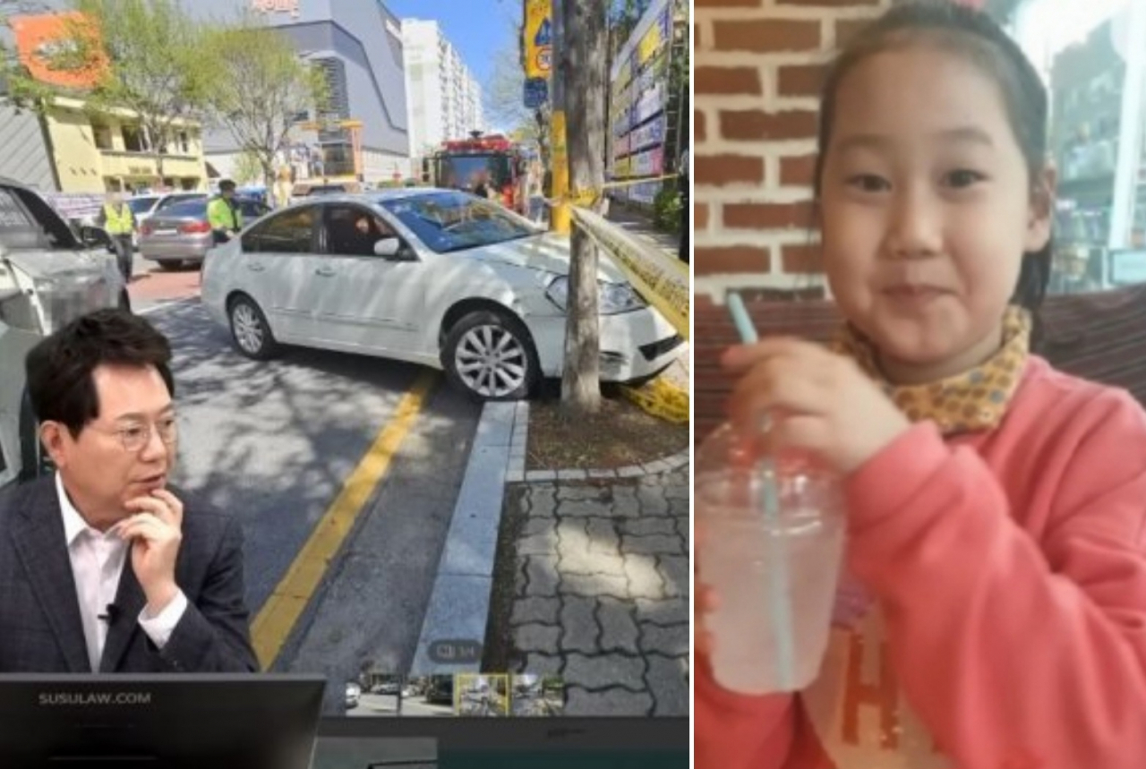 지난 8일 대전시 둔산동 스쿨존 만취 운전 사고 영상 장면(왼쪽). 오른쪽 사진은 당시 사고로 병원에서 7시간 고통 끝에 숨진 9살 배승아양. [한문철TV 갈무리]
