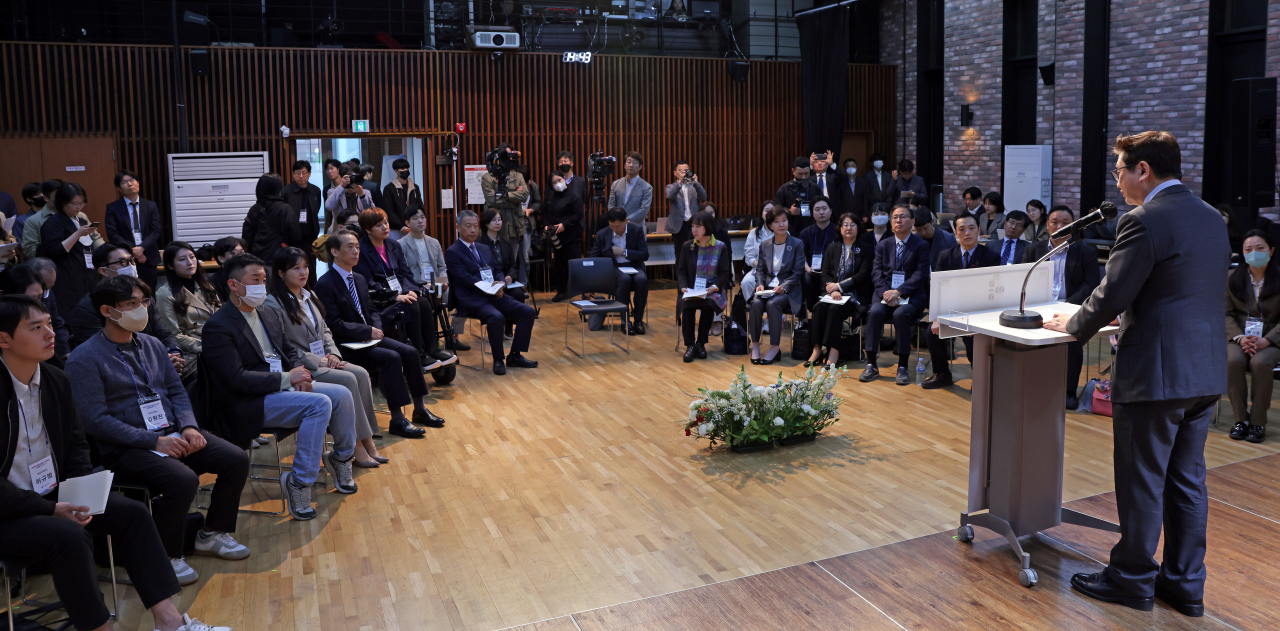 Culture Minister Park Bo-gyoon introduces the Second Culture Promotion Basic Plan for 2023-2027 at I-eum Center on Tuesday. (MCST)