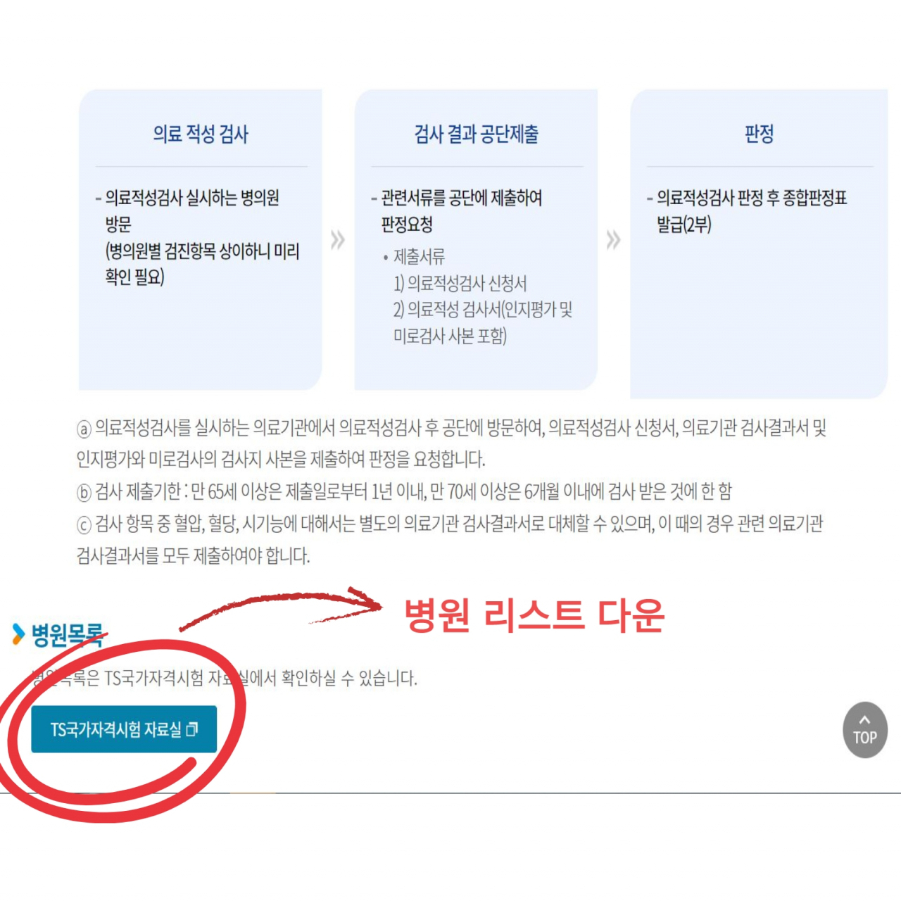 의료적성검사 시행 의료기관 리스트. 빨간 원 안을 클릭하면 리스트를 다운 받을 수 있다. [한국교통안전공단 홈페이지 캡쳐]