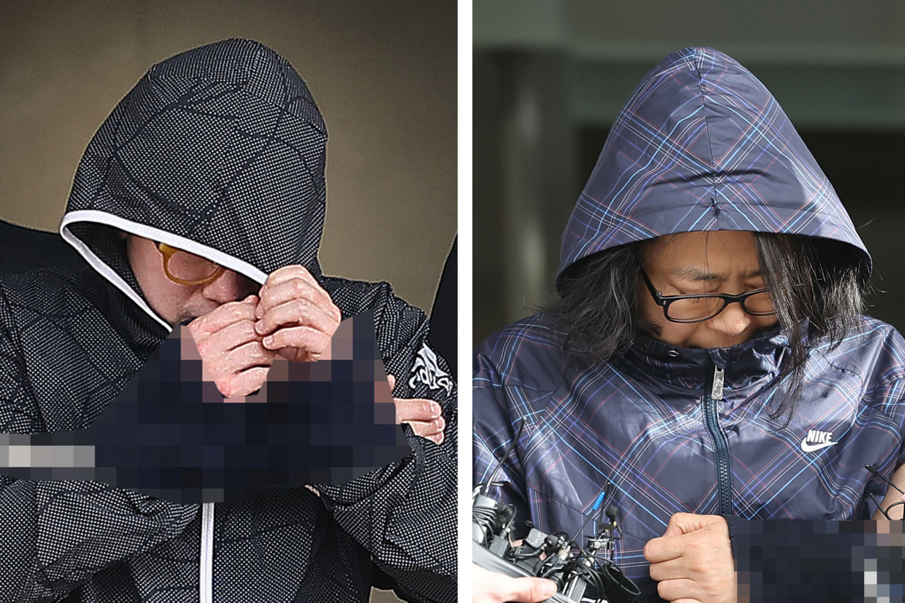 서울 강남 40대 여성 납치·살해 사건의 배후로 지목된 재력가 부부 유상원(왼쪽 사진)과 황은희가 13일 오전 서울 수서경찰서에서 검찰로 송치되고 있다. [연합]