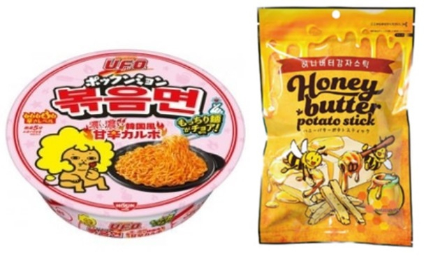 닛신이 내놓은 ‘볶음면’(왼쪽)과 아지겐사의 ‘허니버터 감자 스틱’ (오른쪽) [업체 홈페이지 캡처]