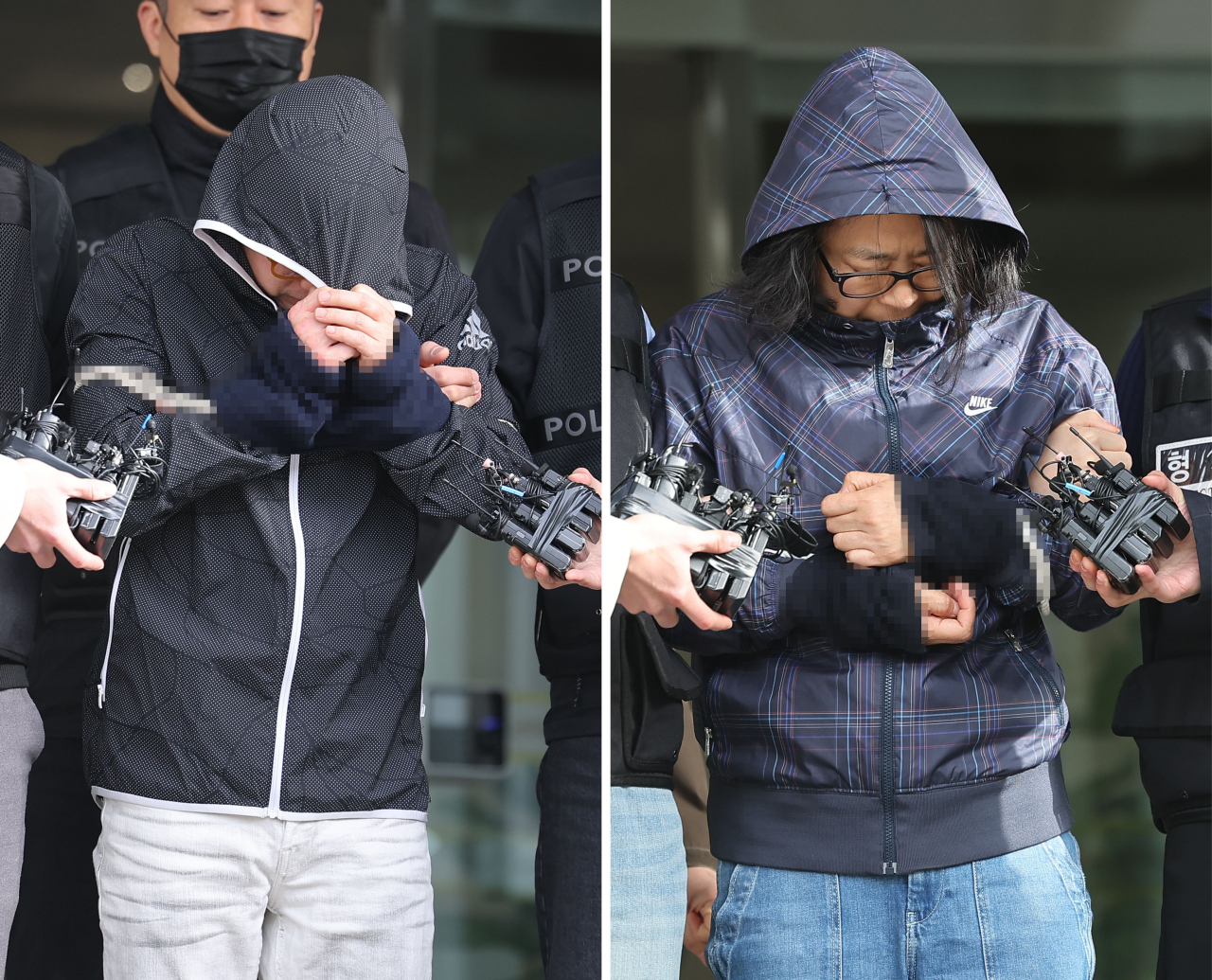 서울 강남 40대 여성 납치·살해 사건의 배후로 지목된 재력가 부부 유상원, 황은희가 13일 오전 서울 수서경찰서에서 검찰로 송치되고 있다. [연합]