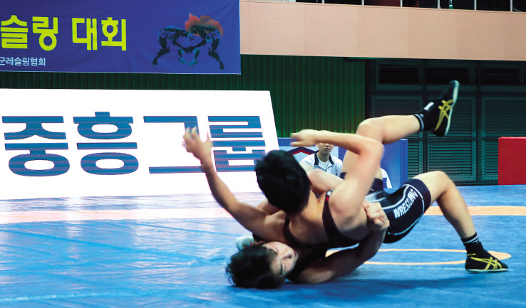 지난 5일부터 11일까지 전라남도 해남군 우슬체육관에서 열린 ‘제1회 헤럴드경제·코리아헤럴드배 전국레슬링대회’에 참가한 선수들이 자신들의 기량을 뽐내고 있다. 사진은 11일 경기 모습[대한레슬링협회제공