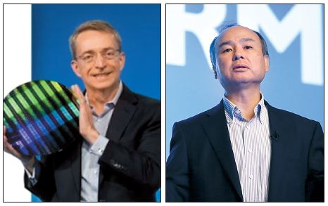 팻 겔싱어(왼쪽) 인텔 CEO와 ARM을 자회사로 두고 있는 소프트뱅크의 손정의 회장