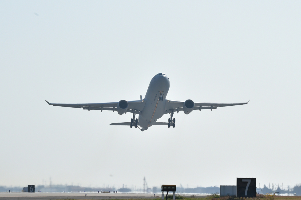 A KC-330 aerial tanker of the South Korean Air Force takes off from the Osan Air Base in the city of Pyeongtaek, Gyeonggi Province, to carry out an air-to-air refueling mission on April 12. (Republic of Korea Air Force)