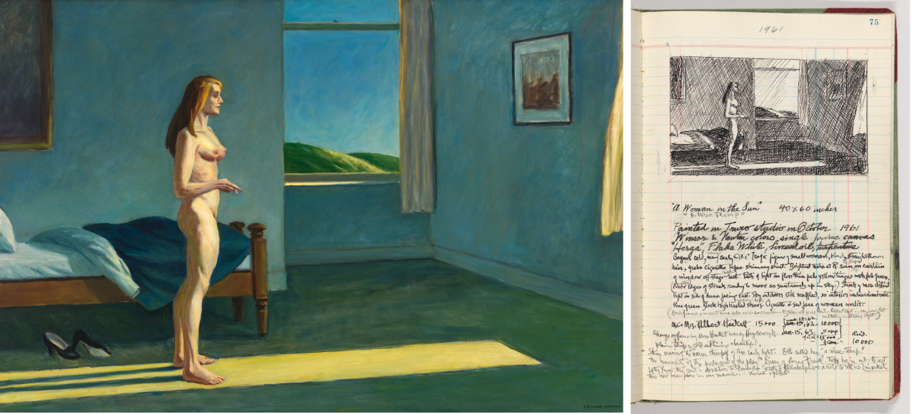 〈햇빛 속의 여인〉, 1961, 캔버스에 유채, 101.9 &times; 152.9 cm 휘트니미술관, 뉴욕, 결혼 50주년을 맞은 앨버트 해킷부부가 에디스와 로이드 구드리치 부부를 기리며 기증(왼쪽 사진). 에드워드 호퍼, 조세핀 니비슨 호퍼, 작가의 장부 3권, 1924-67 [서울시립미술관 제공]