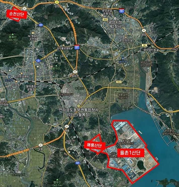 율촌1산단과 해룡산단, 순천산단 위치도. [순천시 제공]