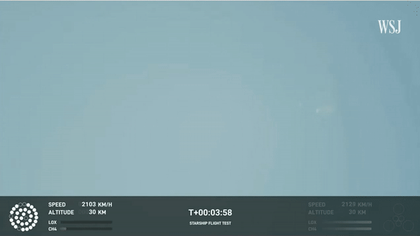 일론 머스크 테슬라 최고경영자(CEO)가 이끄는 우주기업 스페이스X가 달·화성 탐사를 위해 개발한 대형 우주선 ‘스타십’의 첫 지구궤도 시험비행 모습. 이륙 약 4분 만에 상공에서 폭발했다. [유튜브 'WSJ' 채널 캡처]