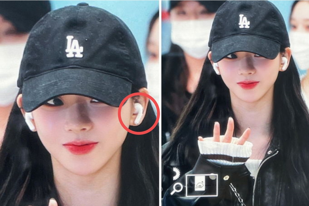걸그룹 에스파의 멤버 카리나 귀에 꽂은 에어팟 프로2. 작은 얼굴 때문에 에어팟이 유독 더 커 보인다. [사진, 온라인 커뮤니티 갈무리]