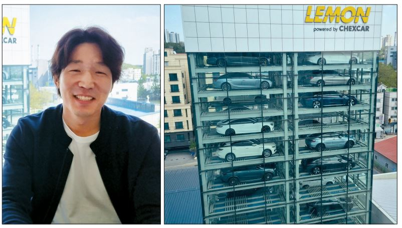 헤럴드경제와 인터뷰 하는 안효진 체카 대표와 본사에 위치한 자동차 자판기 건물 [김상수 기자]