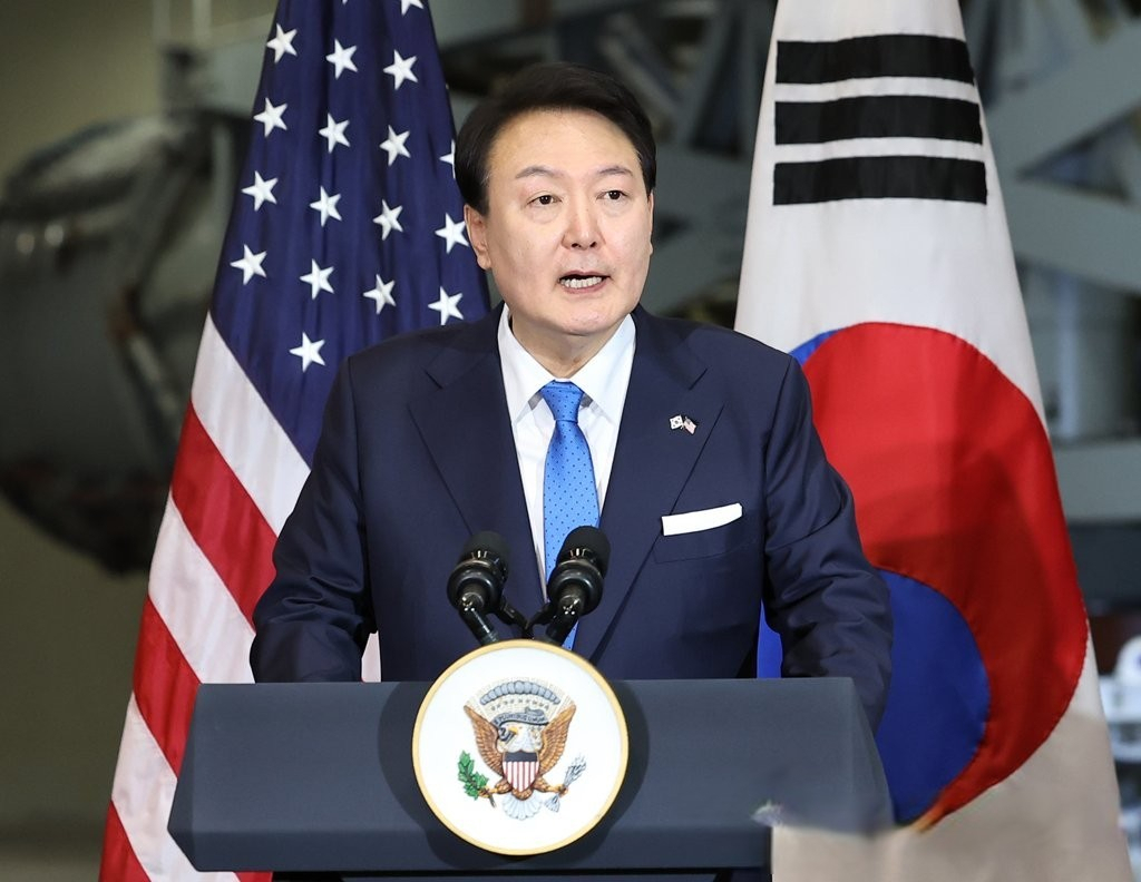 President Yoon Suk Yeol delivers remarks at the NASA Goddard Space Flight Center in Maryland, just outside Washington, on Tuesday. (Yonhap)