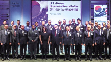 미국을 국빈 방문한 윤석열 대통령이 25일(현지시간) 워싱턴DC 미국 상공회의소에서 열린 한미 비즈니스 라운드테이블에서 참석 기업대표들과 기념촬영을 하고 있다. [연합]
