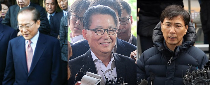 검찰이 소환하기 전에 자진 출두한 이회창(왼쪽) 당시 한나라당 총재, 박지원 당시 민주통합당 원내대표, 안희정 전 충남도지사