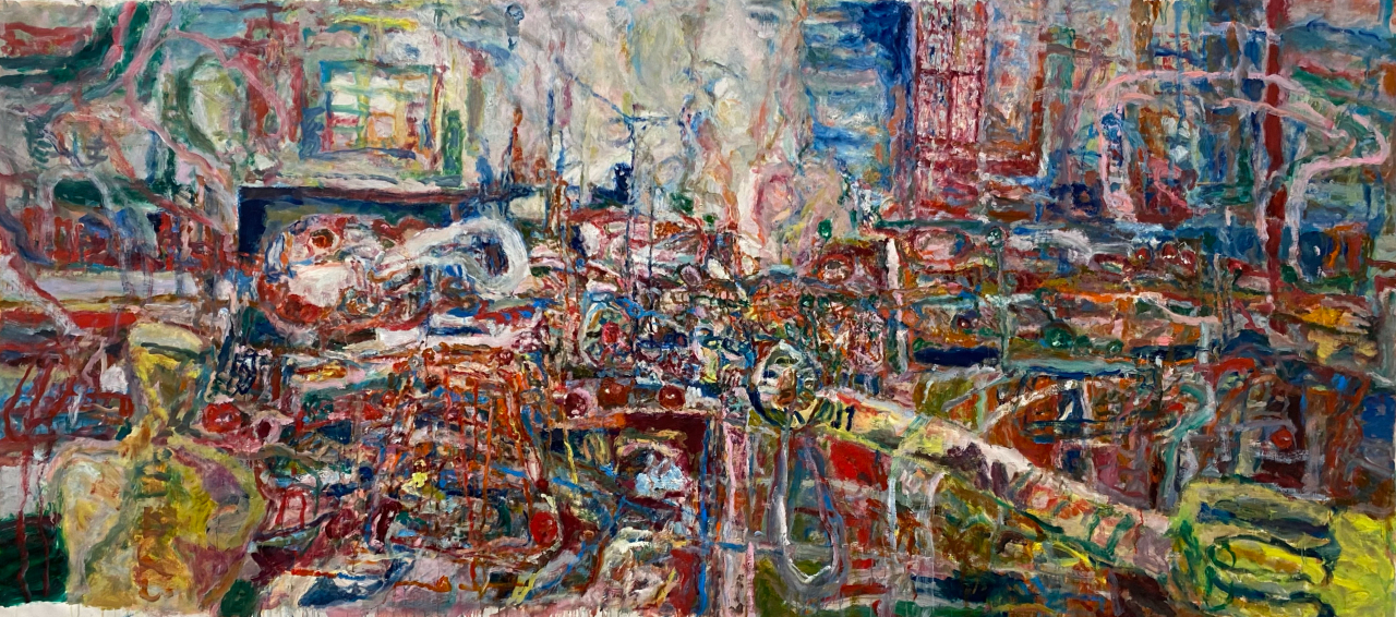 정주원, 깊은 밤 속 뚝딱 바람, 2023, 캔버스에 유채, 153&times;337cm [천만장학회 제공]
