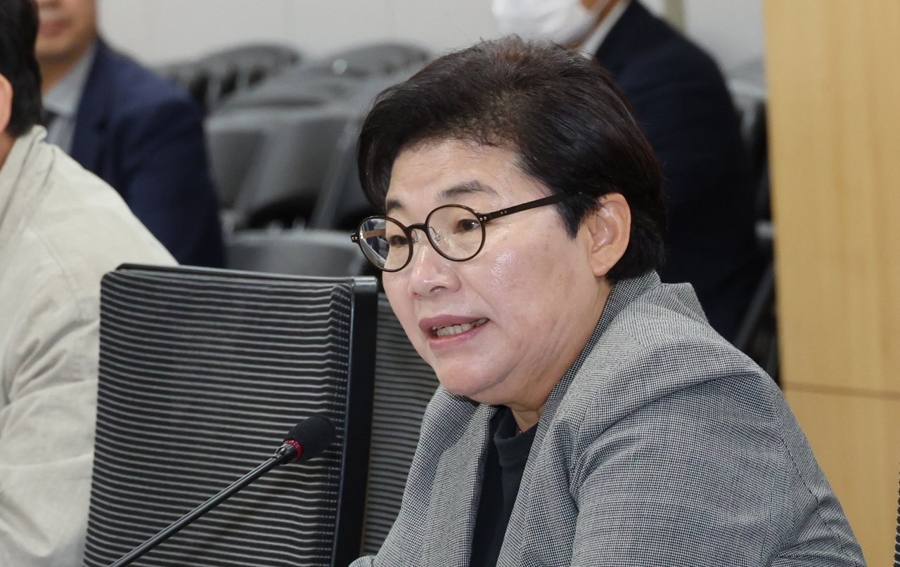 국민의힘 임이자 의원이 3일 오전 서울 여의도 국회 의원회관에서 열린 노동 정책 당정간담회에서 발언하고 있다. 연합뉴스