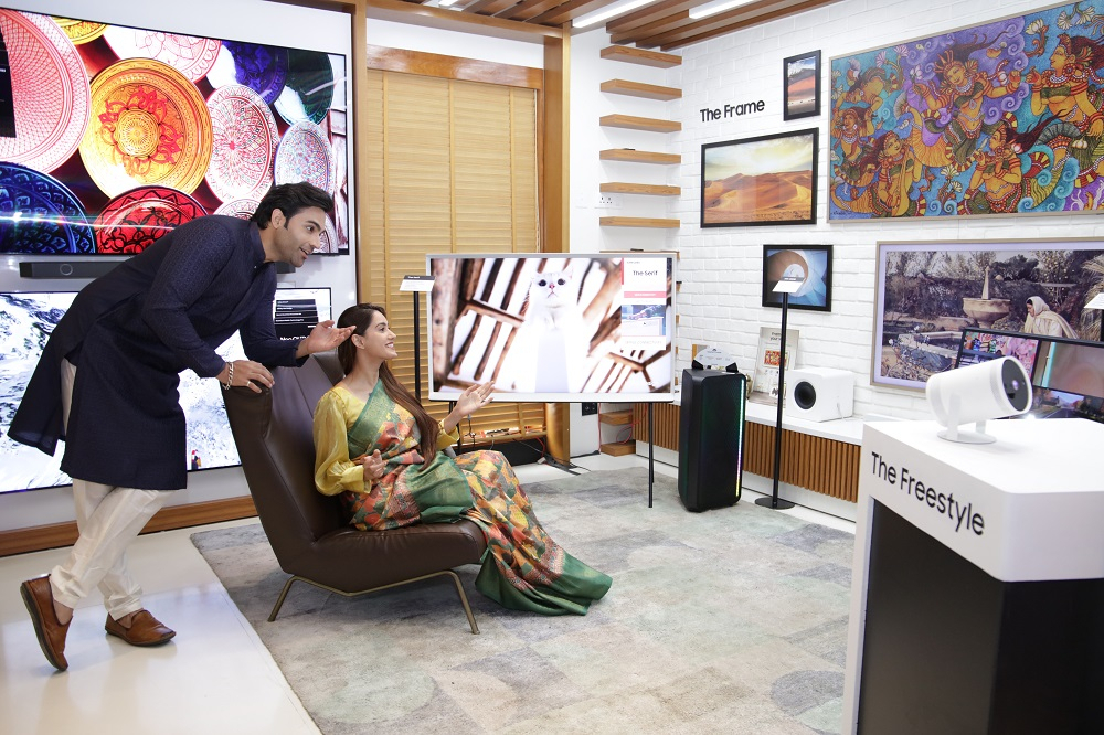 The 2023 lineup of Samsung's Neo QLED TVs is displayed at the Samsung Opera House, a mobile exhibition center for Samsung Electronics products, in Bengaluru, India, on Thursday. (Samsung Electronics)