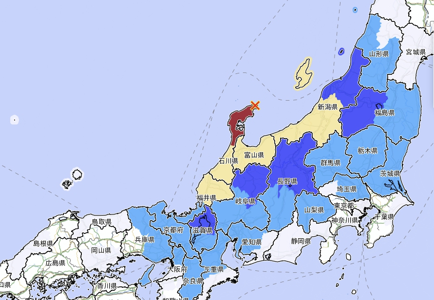 일본 이시카와현에서 5일 오후 2시 42분께 규모 6.5의 지진이 발생했다. 사진의 X 표시가 지진 발생 지점이다. [연합]