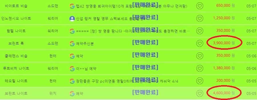 판매 완료된 나이트크로우 계정 거래 내역. [바로템 홈페이지 갈무리]