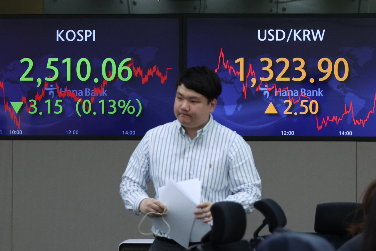 코스피가 소폭 하락한 9일 오후 서울 중구 하나은행 딜링룸 모니터에 종가가 표시돼 있다. 이날 코스피는 전 거래일보다 3.15포인트(0.13%) 떨어진 2510.06에 장을 종료했다. 한편 달러 대비 원화 환율은 전날 종가보다 2.5원 오른 1323.9원에 마감했다. 연합뉴스