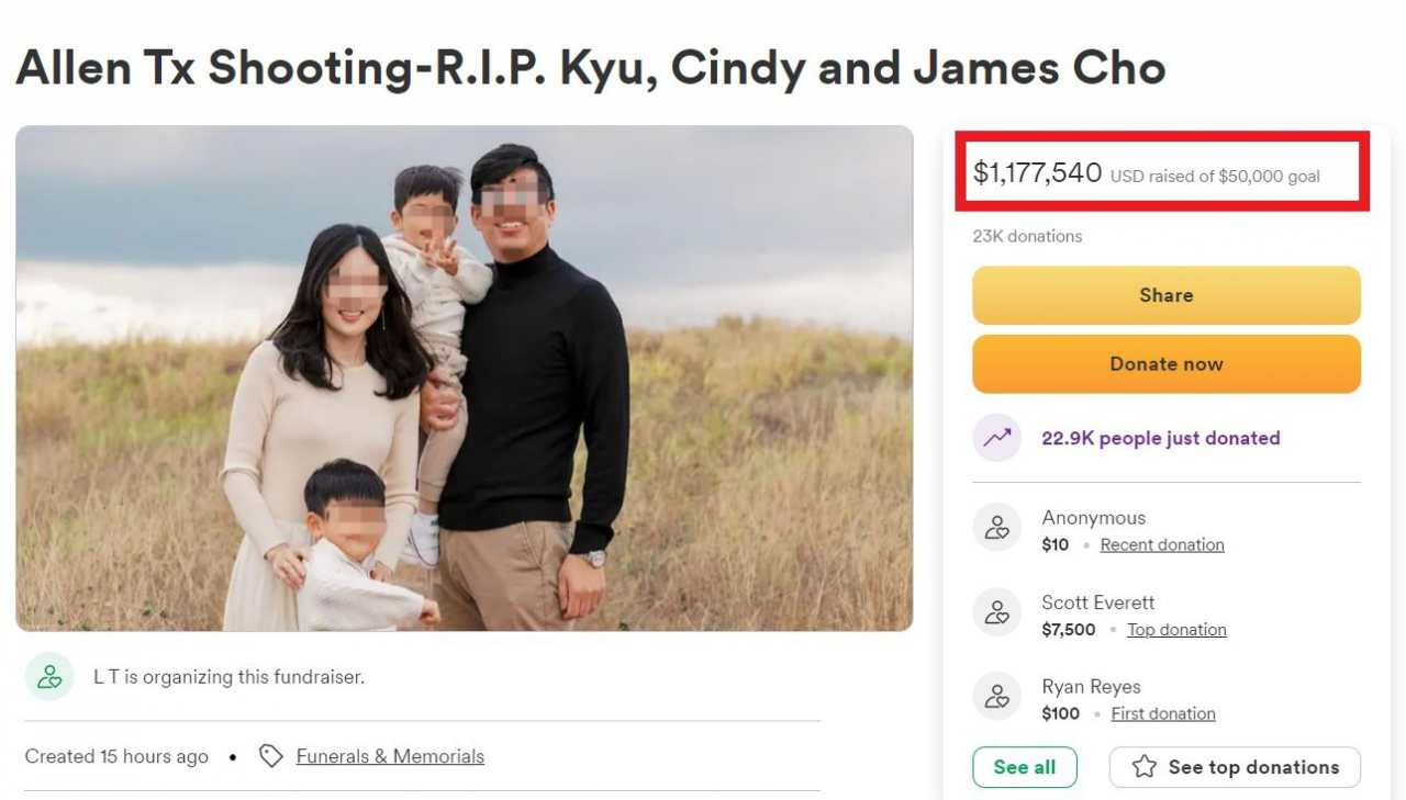 미국 모금·후원사이트인 ‘고펀드미’에 게시된 후원 페이지. [고펀드미 홈페이지 캡처]