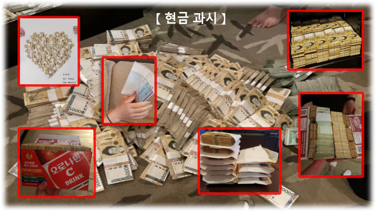 10일 서울경찰청 광역수사단 강력범죄수사대는 ‘코인트레이딩’을 빙자해 100억 원 상당을 갈취하고 피해자들을 감금·폭행한 조직폭력배 출신 피의자 등 16명 전원을 검거했다고 밝혔다. 피의자들은 피해자에게 받은 현금을 과시하기도 했다. [서울경찰청 강력범죄수사대 제공]