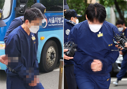 SG(소시에테제네랄)증권발 폭락 사태 관련 투자자 모집책으로 지목된 변모씨(왼쪽)와 안모씨가 12일 오전 서울 양천구 서울남부지방법원에서 구속 전 피의자 심문(영장실질심사)에 출석하고 있다. [연합]