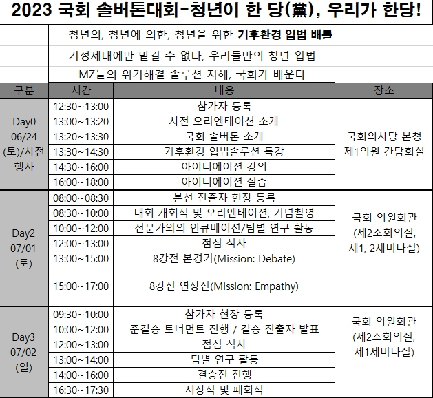 2023 국회 솔버톤 대회 프로그램 일정. *주최측 사정에 따라 일부 미세 조정 가능.