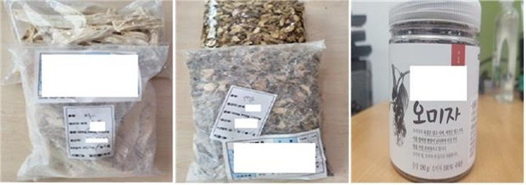 식약처로부터 판매중단 및 회수폐기 처분을 받은 마(왼쪽부터), 생강, 오미자 등. [식약처 제공]