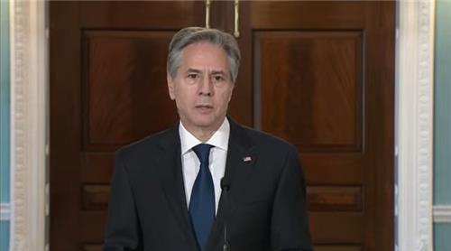 Secretary of State Antony Blinken is seen speaking during a press conference at the state department in Washington on Monday on the release of 2022 International Religious Freedom Report in this captured image. (Yonhap)