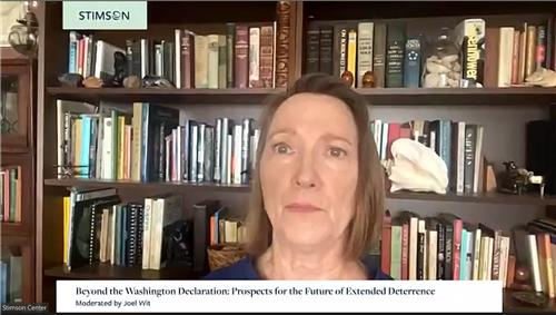 Elaine Bunn, former deputy assistant secretary of defense for nuclear and missile defense policy, is seen speaking during a webinar hosted by the Stimson Center, a think tank based in Washington, on Tuesday in this captured image. (Stimson center)