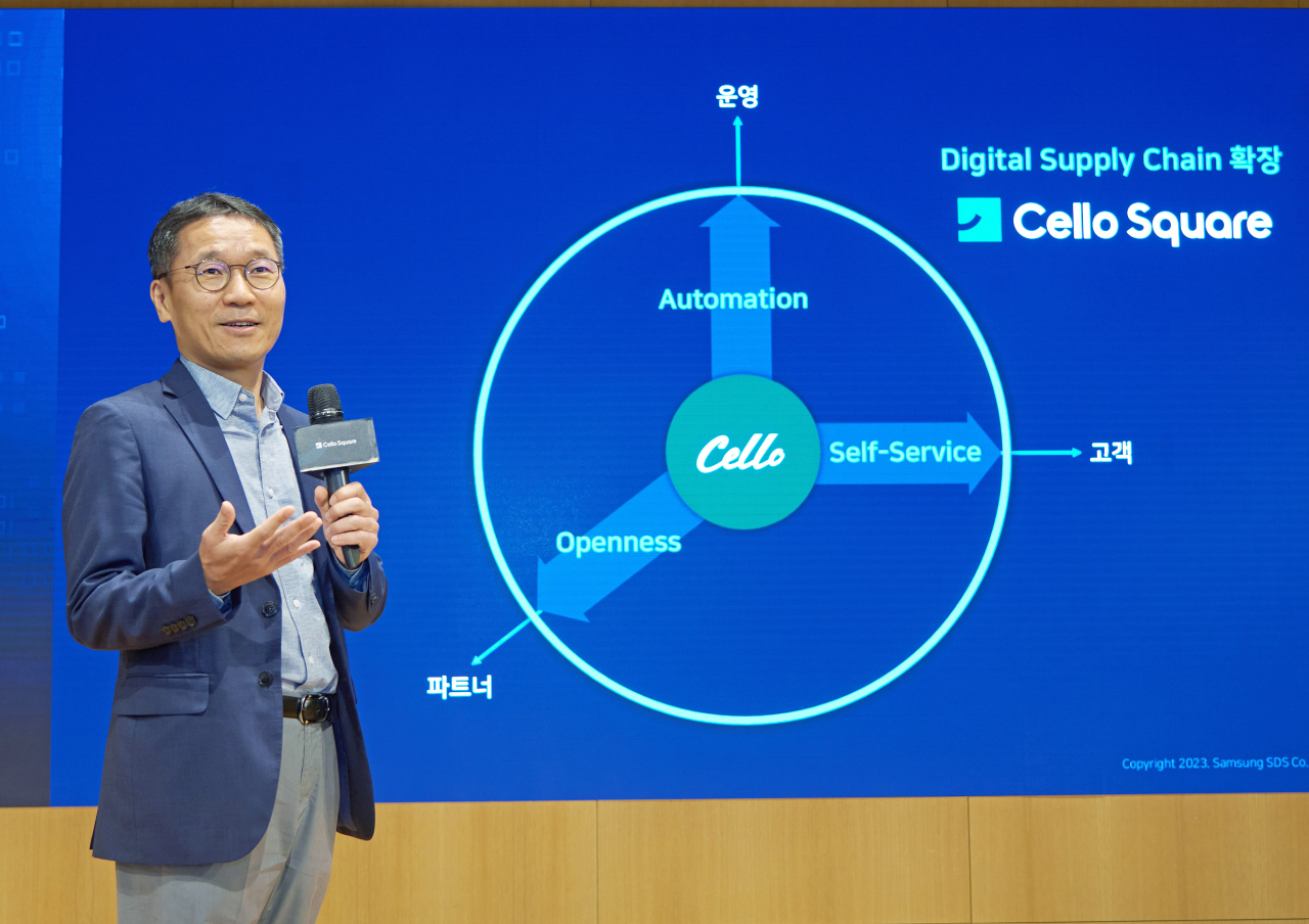 Samsung SDS Executive Vice President O Koo-il speaks at a press conference at the company headquarters in Seoul on Thursday. (Samsung SDS)
