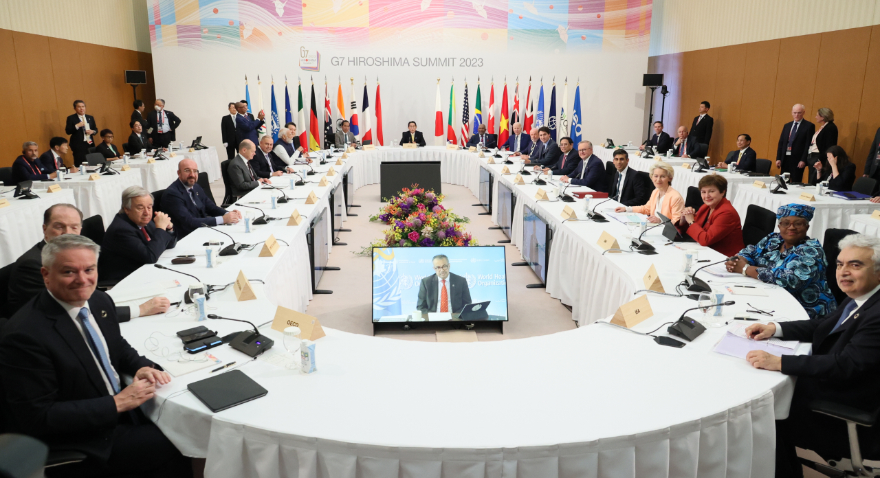 President Yoon Suk Yeol attends the expanded session of the G7 Summit held at the Grand Prince Hotel in Hiroshima, Japan on Saturday. (Yonhap)
