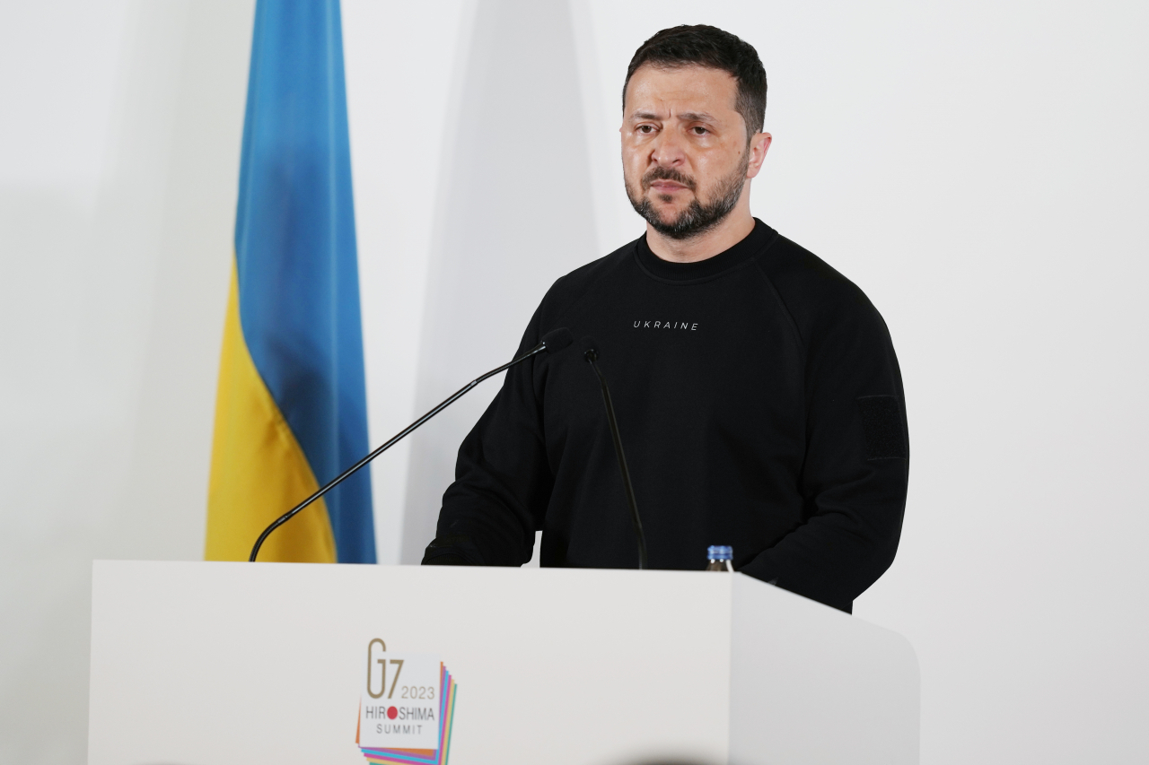Ukrainian President Volodymyr Zelenskyy speaks during a news conference at the Group of Seven nations' meetings in Hiroshima, western Japan, Sunday. (AP-Yonhap)