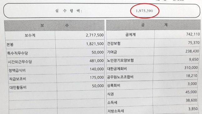 9급 공무원 A씨가 공개한 급여명세서. [연합뉴스]