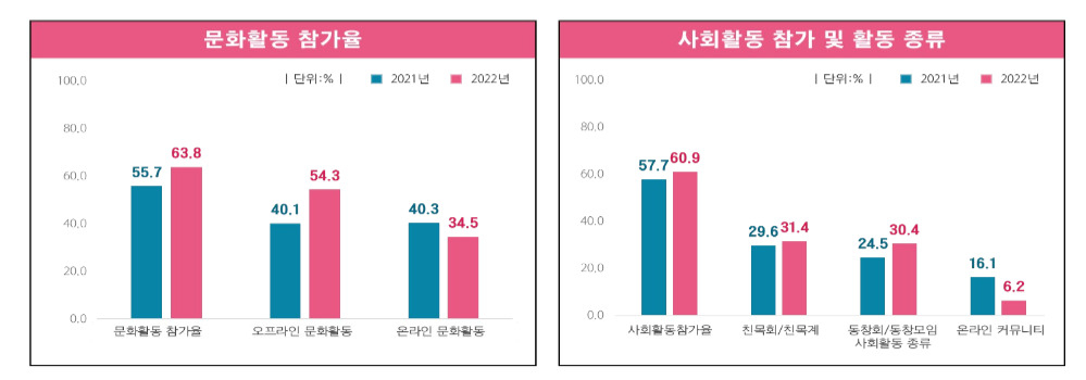 서울시는 25일 서울서베이 조사통계자료 결과를 발표했다. 사진은 서울시민의 2021년과 2022년 문화활동 및 사회활동 참가율과 활동종류. [서울시 제공]