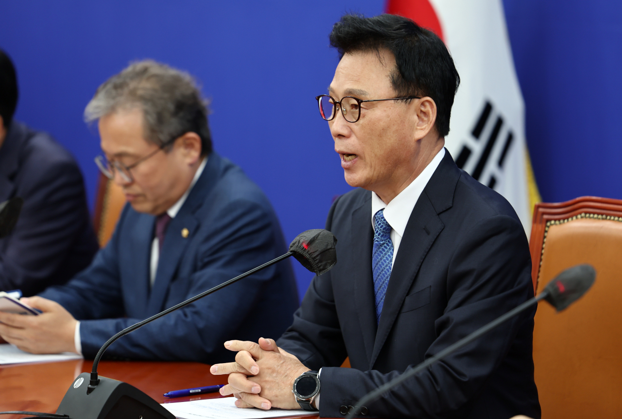 박광온 더불어민주당 원내대표가 25일 오전 국회에서 열린 정책조정회의에서 발언하고 있다. [연합]