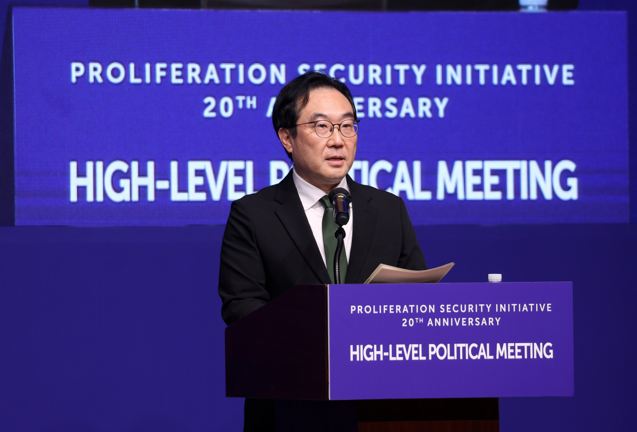 이도훈 외교부 2차관이 30일 오전 제주 서귀포시 해비치 호텔에서 열린 대량살상무기(WMD) 확산을 방지하기 위한 국제협력체 확산방지구상(PSI) 고위급 회의에서 개회사를 하고 있다. [연합]