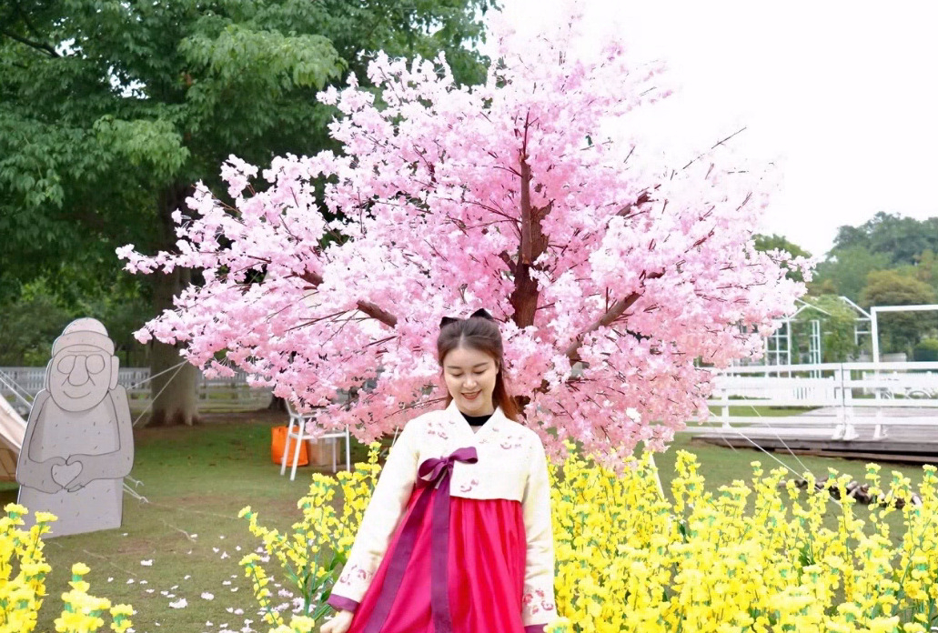 제주관광공사가 마련한 봄꽃테마 포토존에 중국 MZ세대 관광객이 한복을 입은채 포즈를 취하고 있다. 시진핑 정부가 여전히 금지하는 방한 단체관광객 아닌, 개별관광객들은 착하다.