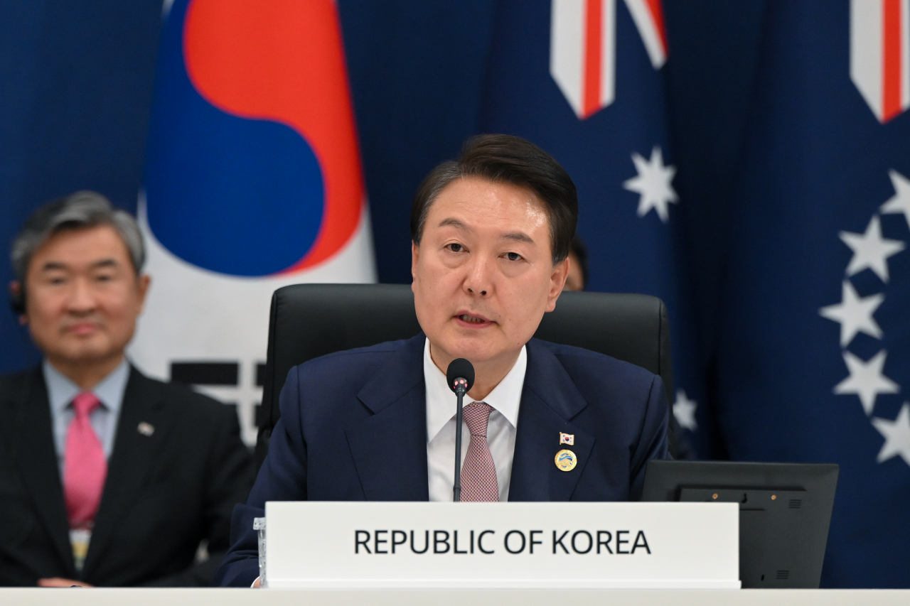 윤석열 대통령이 29일 청와대 영빈관에서 열린 2023 한·태평양도서국 정상회의 제2세션에서 발언하고 있다. [연합]
