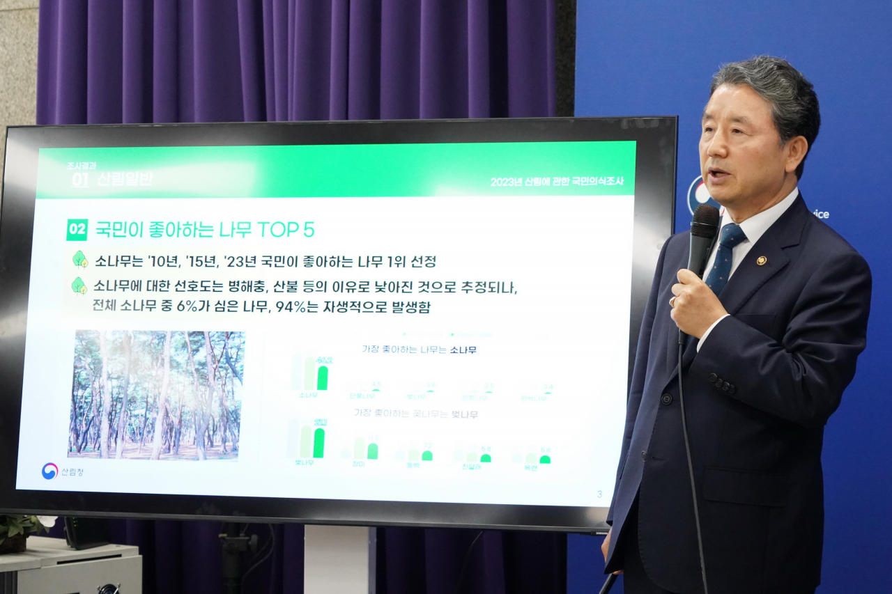 남성현 산림청장이 31일 정부대전청사에서 브리핑을 열고 2023년 산림에 관한 국민의식 조사 결과에 대해 발표하고 있다.