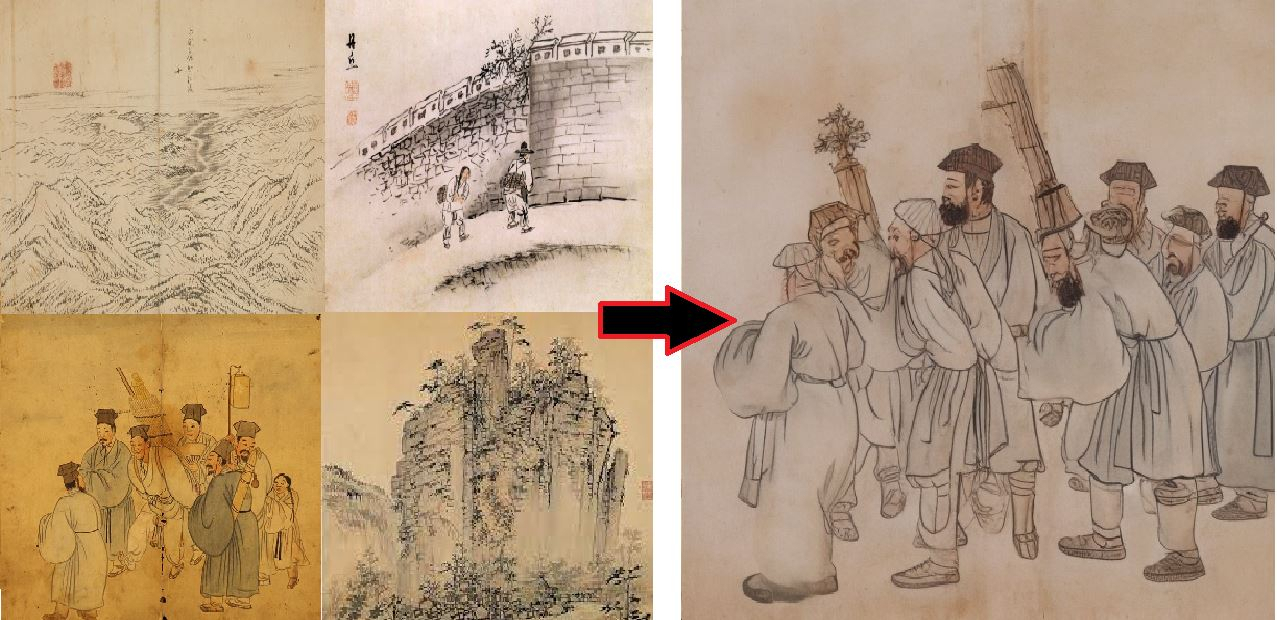단원 김홍도의 그림(왼쪽)을 생성형 AI ‘레오나르도’ 에 학습시켜 만든 결과물(오른쪽). AI는 단원의 화풍은 물론 그림의 질감까지 유사한 결과물을 창조해냈다.